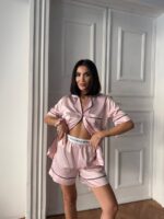 VS İpek Saten Pudra Pembe Şortlu Takım