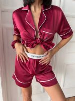 VS İpek Saten Bordo Şortlu Takım