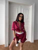 VS İpek Saten Bordo Şortlu Takım