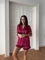 VS İpek Saten Bordo Şortlu Takım