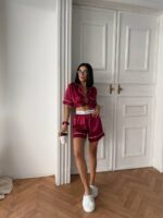 VS İpek Saten Bordo Şortlu Takım